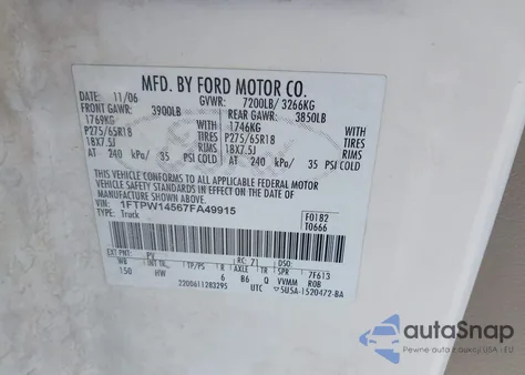 2007 Ford F-150 Fx4/Lariat/Xlt z USA, uszkodzony, nr VIN 1FTPW14567FA49915